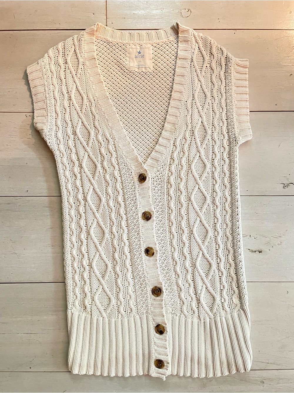 Aerie Cream Cable-Knit Button Front Short Sleeve Sweater Sz M 100% Cotton - Picture 1 of 6